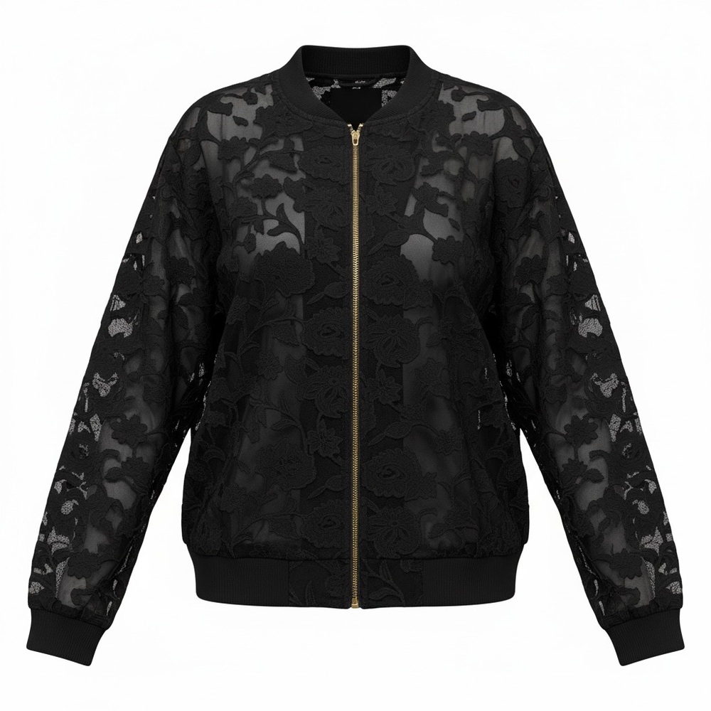 KORI America Black Sheer Floral Lace Bomber Jacket Gold Zip Size L